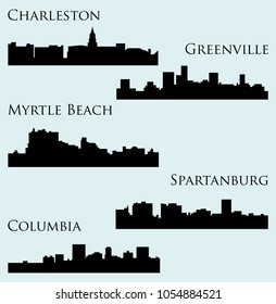 Set of 5 city silhouette in South Carolina ( Charleston, Greenville, Myrtle Beach, Spartanburg, Columbia )