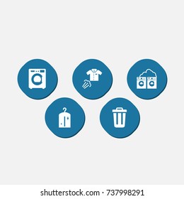 Set Of 5 Cleaning Icons Set.Collection Of Washhouse, Clothes, Ironing And Other Elements.
