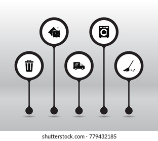 Set Of 5 Cleanup Icons Set.Collection Of Garbage Container, Cushion, Machine And Other Elements.
