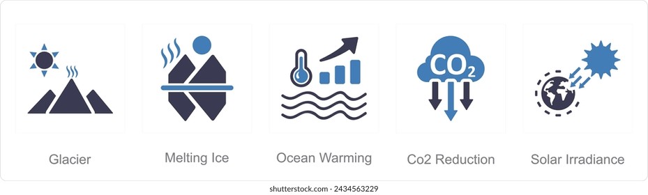 A set of 5 climate change icons as glacier, melting ice, ocean warming