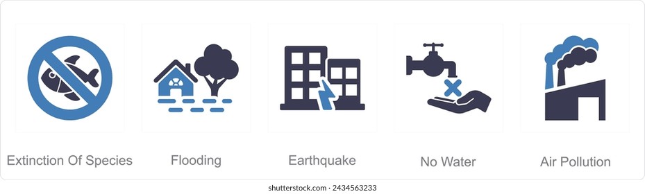 Un conjunto de 5 iconos del cambio climático como extinción de especies, inundaciones, terremotos