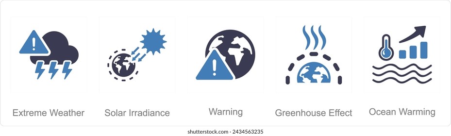 Eine Reihe von 5 Klimawandel-Ikonen wie Extremwetter, Sonneneinstrahlung, Warnung