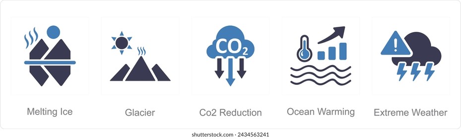 A set of 5 climate change icons as melting ice, glacier, co2 reduction