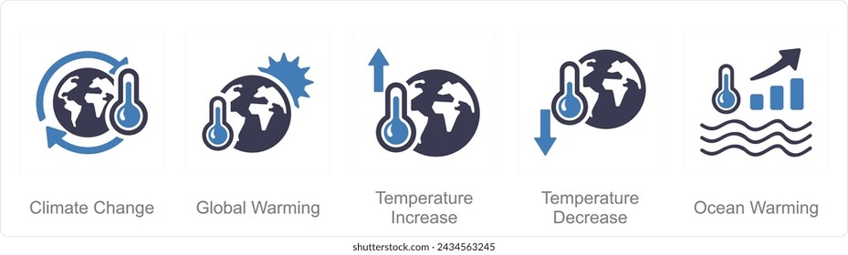 A set of 5 climate change icons as climate change, global warming, temperature increase