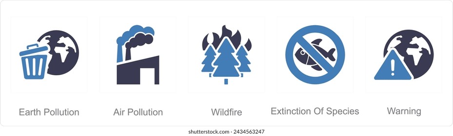 Un conjunto de 5 iconos del cambio climático como la contaminación de la tierra, incendios forestales, extinción de especies