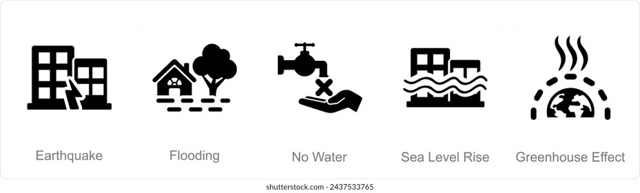 A set of 5 climate change icons as earthquake, flooding, no water