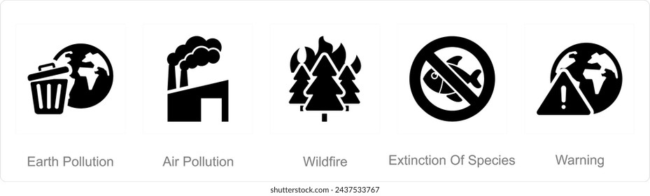 Un conjunto de 5 iconos del cambio climático como la contaminación de la tierra, incendios forestales, extinción de especies