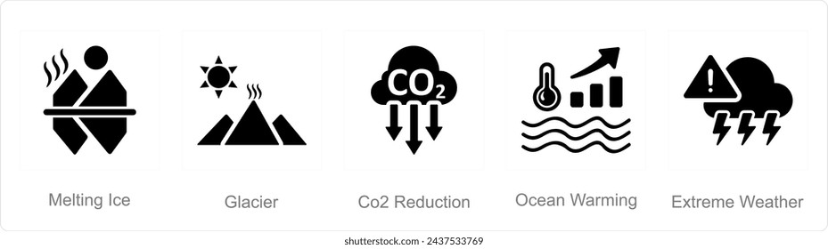 A set of 5 climate change icons as melting ice, glacier, co2 reduction