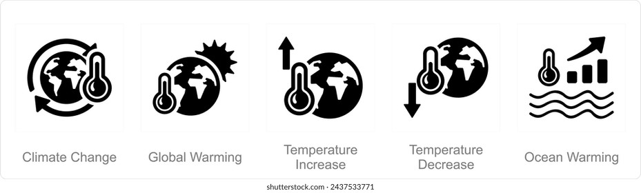 A set of 5 climate change icons as climate change, global warming, temperature increase
