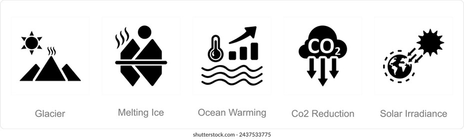 A set of 5 climate change icons as glacier, melting ice, ocean warming