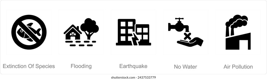 Un conjunto de 5 iconos del cambio climático como extinción de especies, inundaciones, terremotos