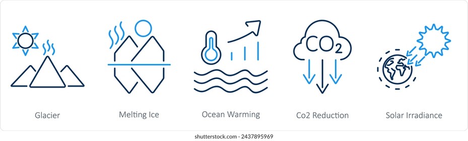 A set of 5 climate change icons as glacier, melting ice, ocean warming