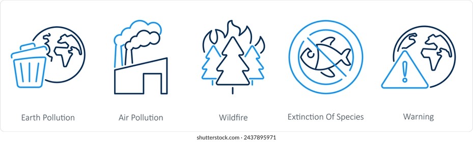 Un conjunto de 5 iconos del cambio climático como la contaminación de la tierra, incendios forestales, extinción de especies