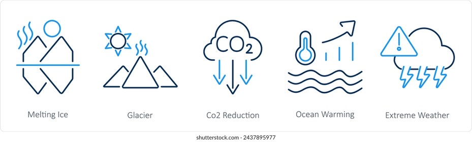 A set of 5 climate change icons as melting ice, glacier, co2 reduction