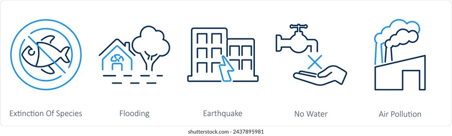 Un conjunto de 5 iconos del cambio climático como extinción de especies, inundaciones, terremotos