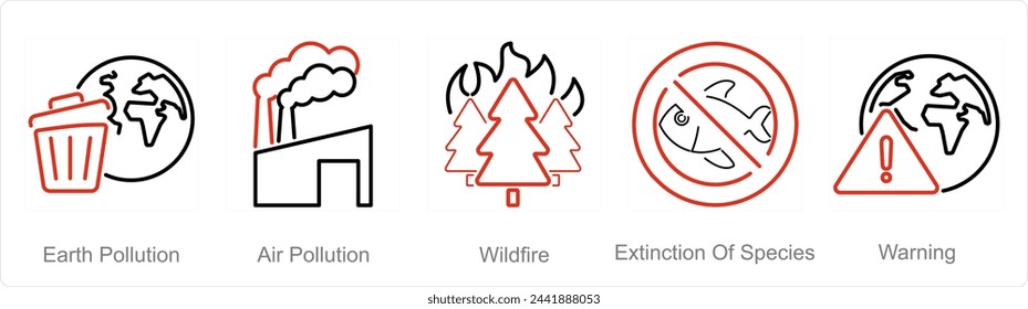 Un conjunto de 5 iconos del cambio climático como la contaminación de la tierra, incendios forestales, extinción de especies