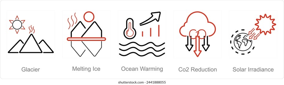 A set of 5 climate change icons as glacier, melting ice, ocean warming