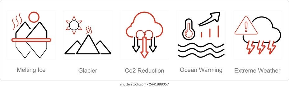 A set of 5 climate change icons as melting ice, glacier, co2 reduction