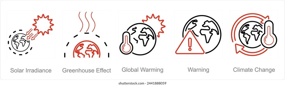 A set of 5 climate change icons as solar irradiance, greenhouse effect, global warming