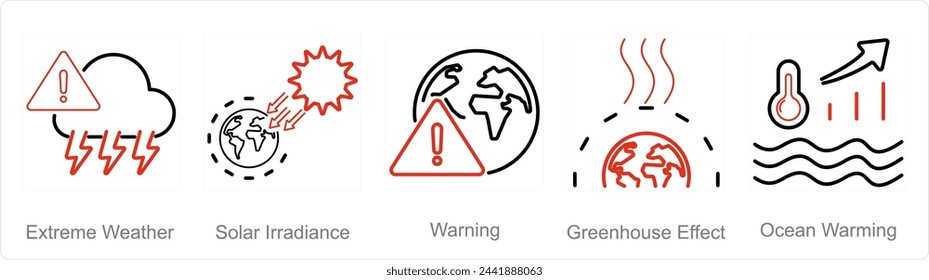 A set of 5 climate change icons as extreme weather, solar irradiance, warning