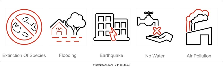 Un conjunto de 5 iconos del cambio climático como extinción de especies, inundaciones, terremotos