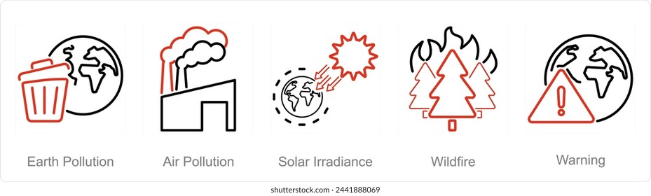 A set of 5 climate change icons as earth pollution, air pollution, solar irradiance