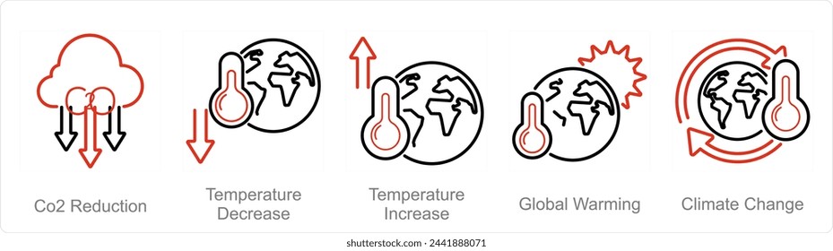 A set of 5 climate change icons as co2 reduction, temperature decrease, temperature increase