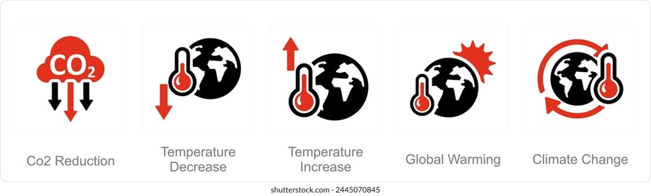 A set of 5 climate change icons as co2 reduction, temperature decrease, temperature increase