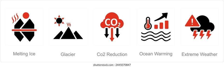 A set of 5 climate change icons as melting ice, glacier, co2 reduction