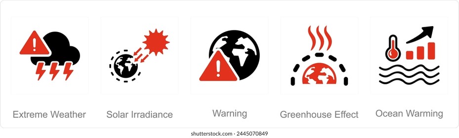 A set of 5 climate change icons as extreme weather, solar irradiance, warning