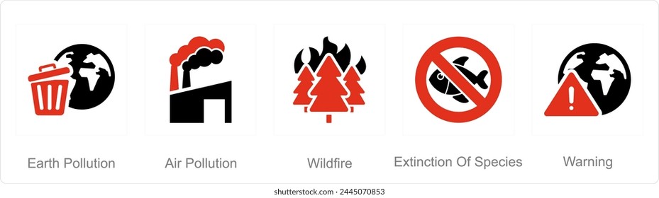 Un conjunto de 5 iconos del cambio climático como la contaminación de la tierra, incendios forestales, extinción de especies