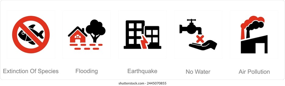 Un conjunto de 5 iconos del cambio climático como extinción de especies, inundaciones, terremotos