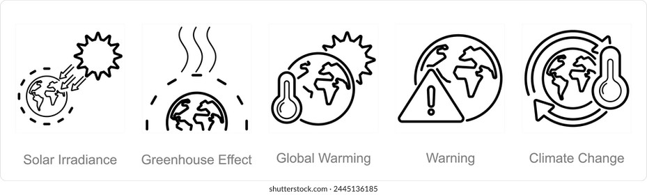 Un conjunto de 5 iconos del cambio climático como la irradiancia solar, efecto invernadero, calentamiento global