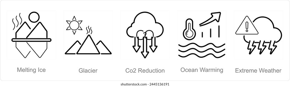 A set of 5 climate change icons as melting ice, glacier, co2 reduction