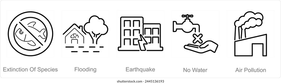 Un conjunto de 5 iconos del cambio climático como extinción de especies, inundaciones, terremotos