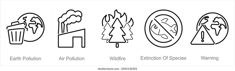 Un conjunto de 5 iconos del cambio climático como la contaminación de la tierra, incendios forestales, extinción de especies