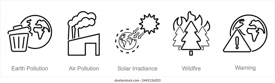 Eine Reihe von 5 Klimawandel-Ikonen als Umweltverschmutzung, Luftverschmutzung, Sonneneinstrahlung