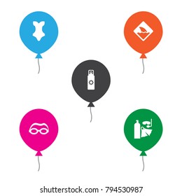 Set of 5 coast icons set. Collection of aqualung, swimsuit, tanning spray and other elements.