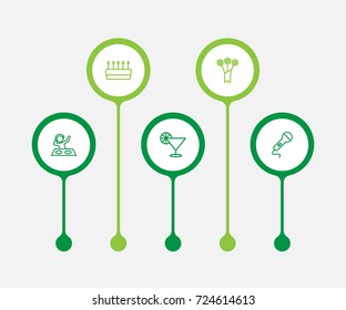 Set Of 5 Cocktail Outline Icons Set.Collection Of Cocktail, Flower, Pastry And Other Elements.