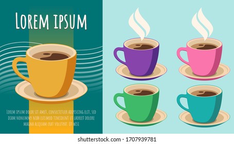 Set of 5 Coffee Cups on light background. Flat Style vector Illustration. Decorative Design for Cafeteria, Posters, Cards, Banners, coffee packaging