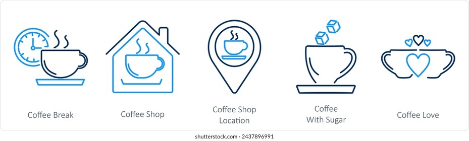 Un conjunto de 5 iconos de café como coffee break, cafetería, cafetería ubicación