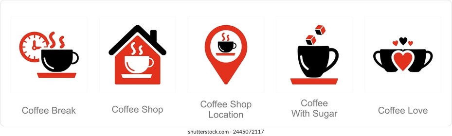 Un conjunto de 5 iconos de café como coffee break, cafetería, cafetería ubicación