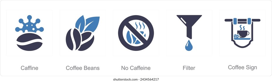 A set of 5 Coffee icons as caffiene, coffee beans, no caffiene