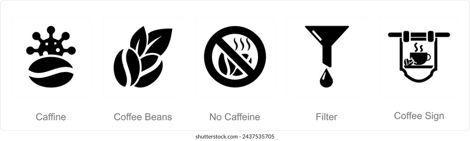 Un conjunto de 5 iconos de café como cafeína, granos de café, sin cafeína