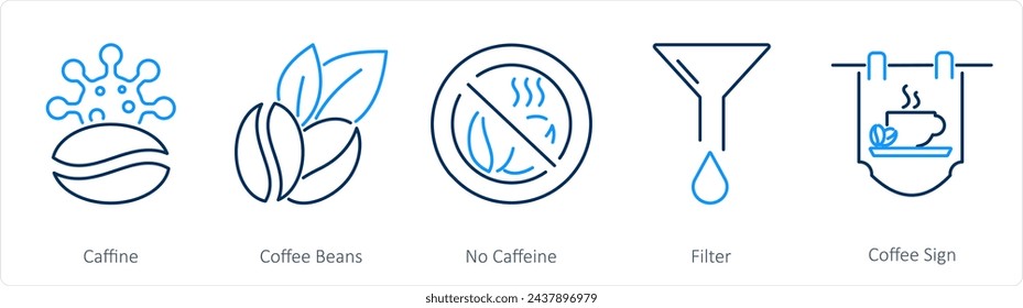 Un conjunto de 5 iconos de café como cafeína, granos de café, sin cafeína