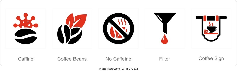 Un conjunto de 5 iconos de café como cafeína, granos de café, sin cafeína