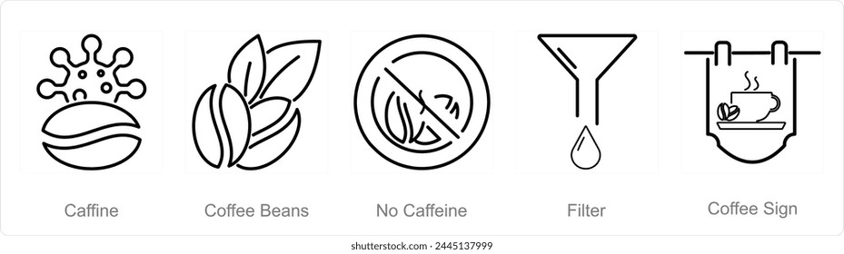 A set of 5 Coffee icons as caffiene, coffee beans, no caffiene