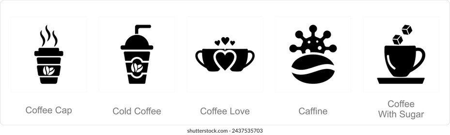 A set of 5 Coffee icons as coffee cup, cold coffee, coffee love