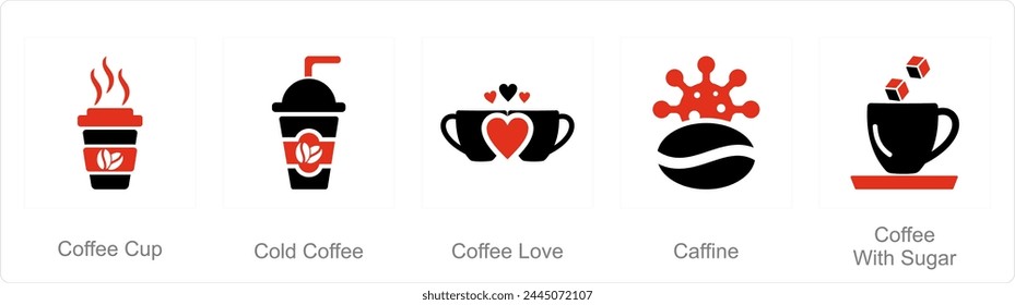 Un conjunto de 5 iconos de café como taza de café, café frío, café amor