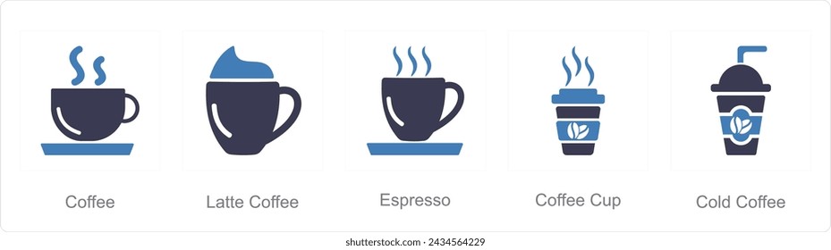A set of 5 Coffee icons as coffee, latte coffee, espresso